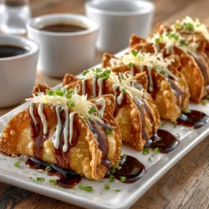 Applebee's Chicken Wonton Tacos (Copycat Recipe) 4 A close-up view of crispy wonton tacos filled with sweet and spicy chicken, ready to be eaten.