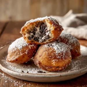 Deep Fried Oreos: The Ultimate 5-Ingredient Fair Food Recipe 4 A stack of three golden-brown fried Oreos with a dusting of powdered sugar, highlighting the crispy batter.