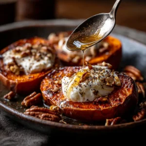 A close-up shot of crispy roasted sweet potatoes, glistening with a maple dijon glaze on a rustic plate.