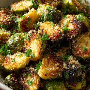 Crispy Parmesan Brussels Sprouts: The Ultimate Guide 4 An extreme close-up shot of oven-roasted brussels sprouts, highlighting the crispy, caramelized leaves and savory parmesan cheese coating.
