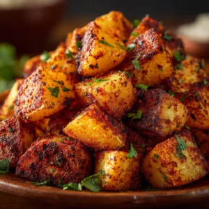 Mexican Potatoes: The Ultimate Crispy & Spicy Side Dish 4 An extreme close-up shot of crispy roasted Mexican potatoes, showing the detailed texture of the potato skin and the vibrant red seasoning.