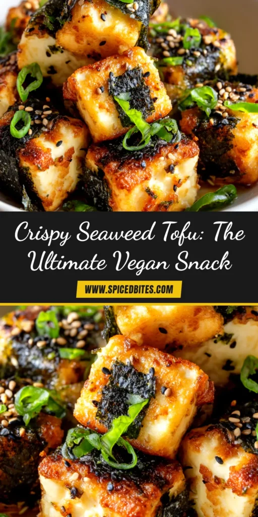 A plate of perfectly golden-brown Crispy Seaweed Tofu, ready to be served with a side of dipping sauce. The texture of the seaweed wrap is visibly crunchy.