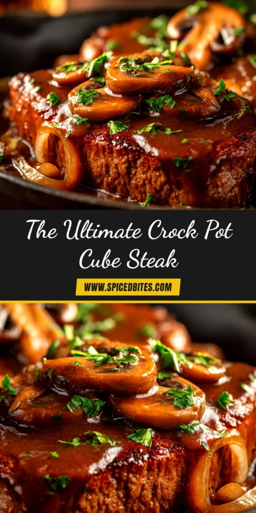 Crock Pot Cube Steak: The Ultimate Tender & Savory Recipe 3 A close-up of tender Crock Pot Cube Steak smothered in rich onion and mushroom gravy, served in a white bowl. The perfect slow cooker dinner idea.