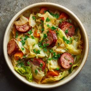 Slow Cooker Cabbage and Sausage: The Easiest, Most Flavorful Recipe 4 An overhead shot of a hearty bowl of Crock Pot kielbasa and cabbage, showcasing the simple ingredients and rustic charm of the dish.