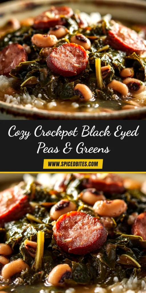 Crockpot Black Eyed Peas and Collard Greens: The Ultimate Comfort Food 3 A top-down view of a white bowl filled with Crockpot Black Eyed Peas and Collard Greens, garnished with fresh herbs. This is an easy Southern recipe.