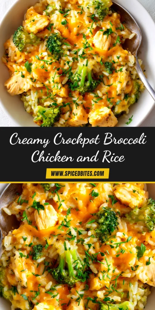 Crockpot Broccoli Cheddar Chicken and Rice (The Easiest Ever!) 3 A shareable pin image for the Crockpot Broccoli Cheddar Chicken and Rice recipe, showing the creamy, cheesy dish in a white bowl.