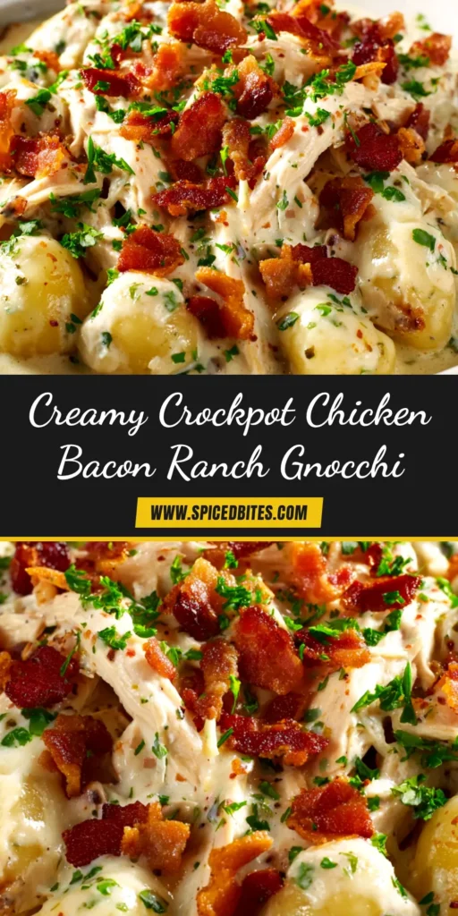A close-up overhead shot of creamy Crockpot Chicken Bacon Ranch Gnocchi in a white bowl, topped with crispy bacon and fresh parsley.