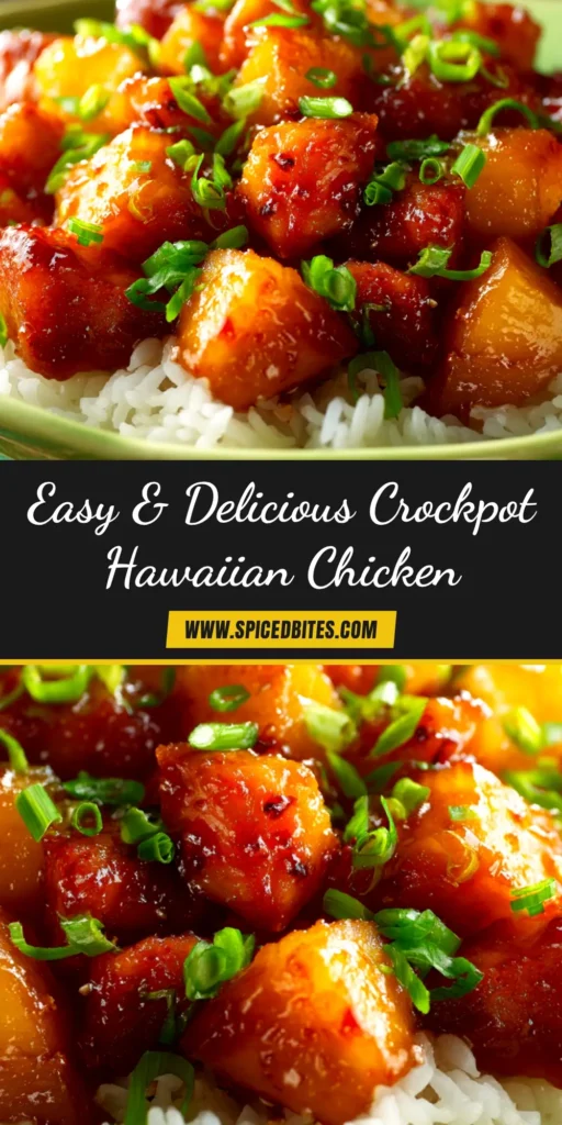 Crockpot Hawaiian Chicken (The Easiest, Juiciest Recipe!) 3 A top-down view of shredded Crockpot Hawaiian Chicken in a white bowl served over rice, garnished with green onions. The perfect easy weeknight dinner.