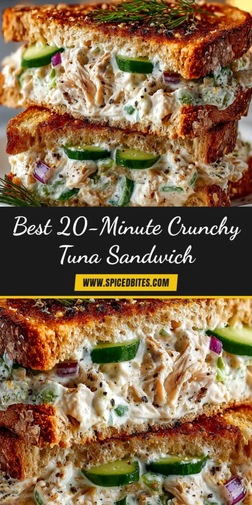 A delicious and crunchy tuna salad sandwich cut in half and stacked, showing layers of fresh lettuce, tomato, and a thick, textured tuna salad.