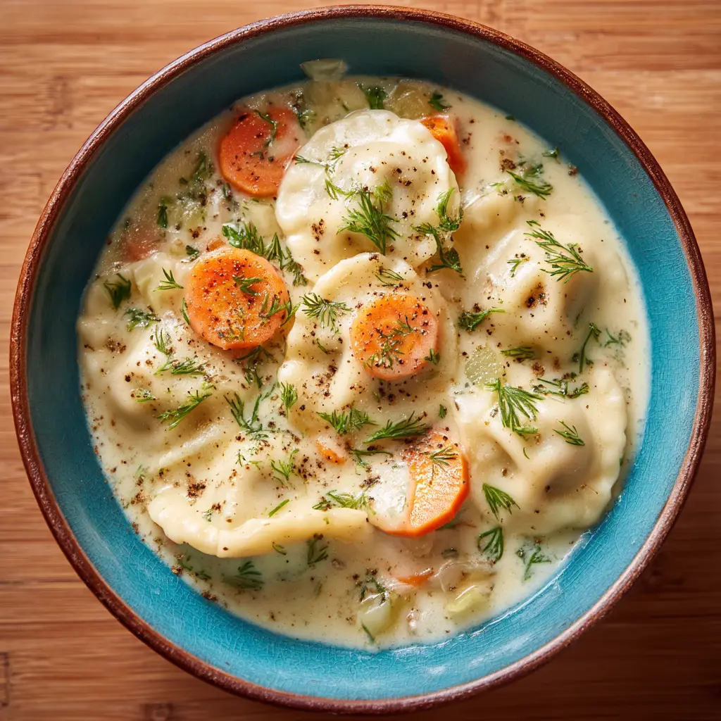 Creamy Dill Pierogi Soup (The Ultimate Comfort Meal) 1 A spoonful of creamy dill soup being lifted from a bowl, showing a tender pierogi and slices of sausage coated in the rich broth.