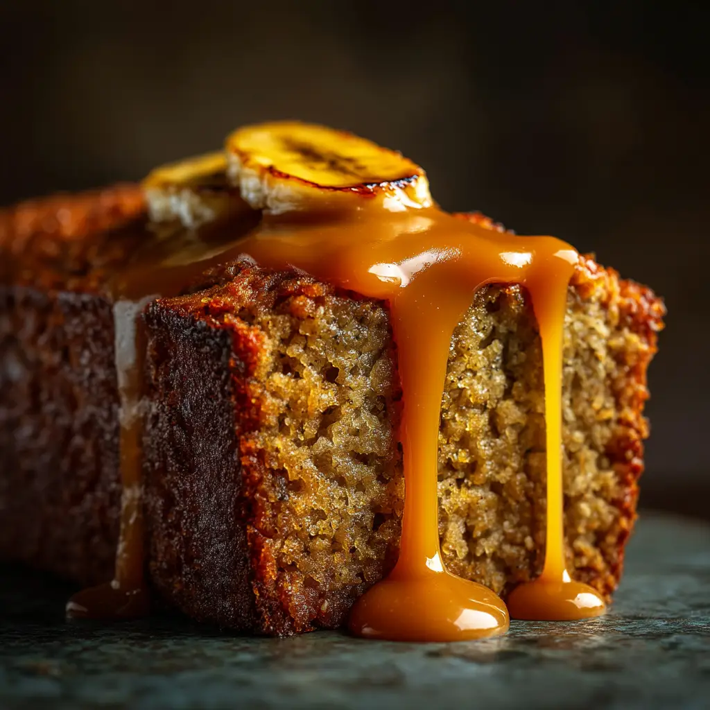 Dulce de Leche Banana Bread: The Ultimate Swirled Treat 1 A close-up overhead view of a slice of dulce de leche banana bread, showing the glistening caramel swirl on the top crust and throughout the slice.