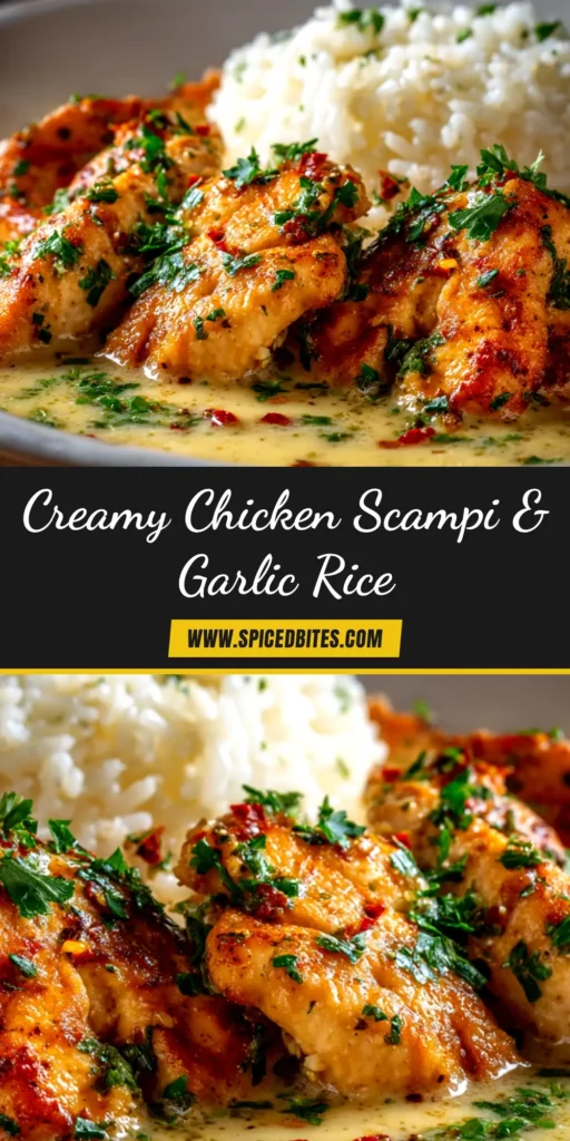 A stunning overhead shot of homemade chicken scampi served in a white bowl. The pasta is coated in a glossy garlic butter sauce and topped with tender chicken pieces and fresh parsley.