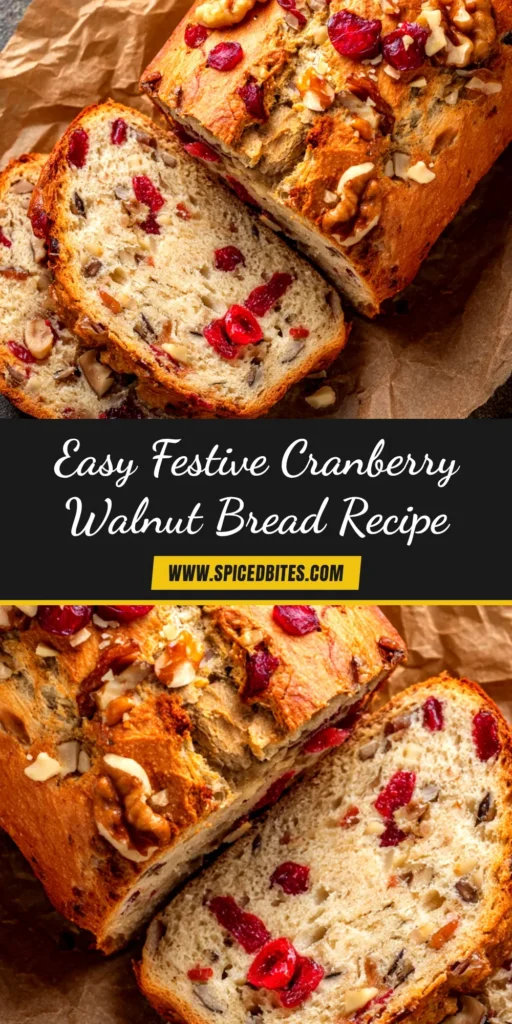 Cranberry Walnut Bread (The Best, Easiest Recipe) 3 A beautiful golden-brown loaf of cranberry walnut bread on a wooden board, with a few cranberries and walnuts scattered around. The perfect easy quick bread recipe for the holidays!
