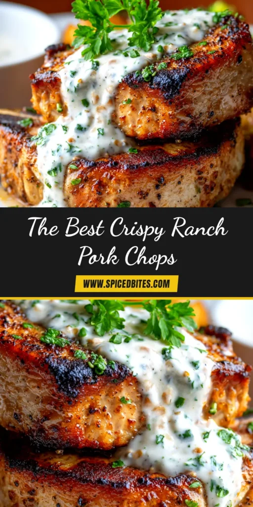 Ranch Pork Chops (Easy, Juicy, and Delicious!) 4 A close-up of two perfectly cooked Ranch Pork Chops on a plate, garnished with fresh parsley. The pork chops have a golden-brown, seasoned crust.