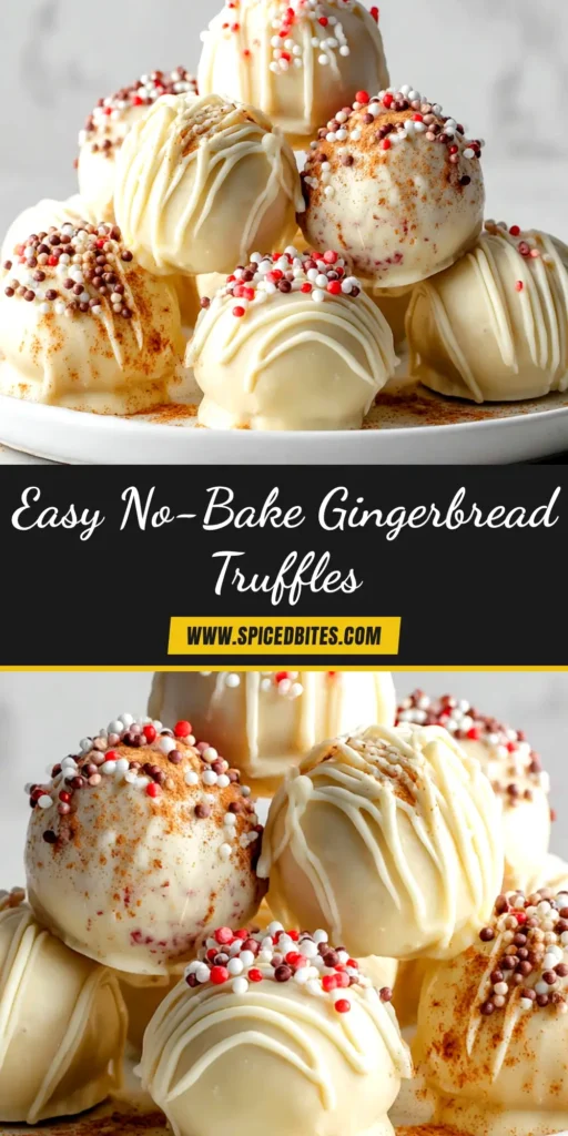 Gingerbread Truffles: The Easiest No-Bake Holiday Treat 3 A plate of festive no-bake gingerbread truffles coated in white chocolate and decorated with red and green sprinkles, ready for a holiday party.