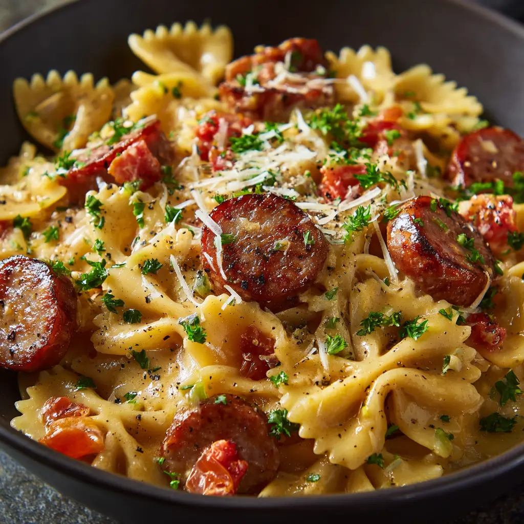 One Pot Smoked Sausage Pasta (Creamy & Delicious!) 1 A savory bowl of easy one pot sausage pasta, garnished with parmesan cheese and fresh herbs, ready in under 30 minutes.