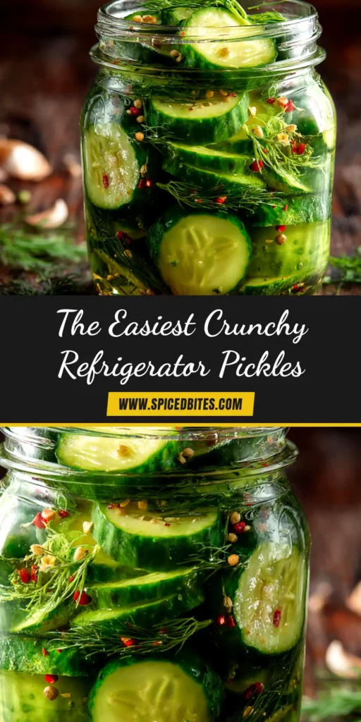Refrigerator Pickles: The Easiest, Crispiest Recipe 4 An overhead shot of homemade refrigerator pickles in a glass jar. The pickles are crisp and green, packed with fresh dill and garlic, showcasing an easy and delicious refrigerator pickles recipe.