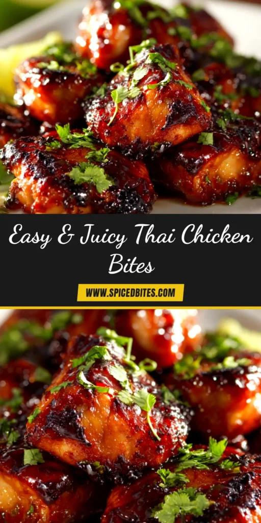 Thai Chicken Bites: The Ultimate Easy Appetizer 3 A skewer of glossy, char-grilled Thai Chicken Bites ready to be eaten. The perfect easy appetizer recipe.