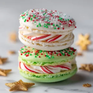 Christmas Tree Cake Macarons: The Ultimate Festive Treat 4 A close-up macro shot of two perfectly baked Christmas Tree Cake Macarons, showing their delicate texture and festive sprinkle decorations.