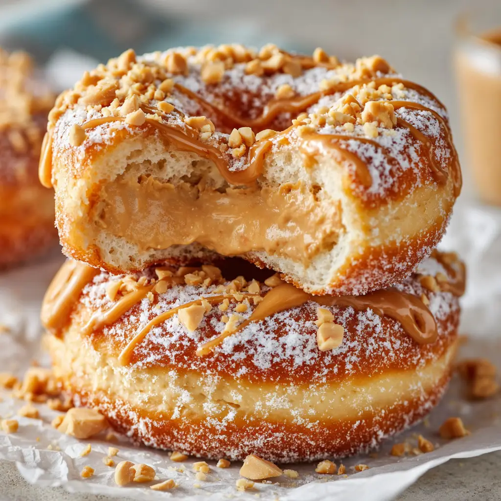 A detailed shot of a Peanut Butter Cheesecake Donut being filled using a piping bag, showcasing the creamy texture of the filling.