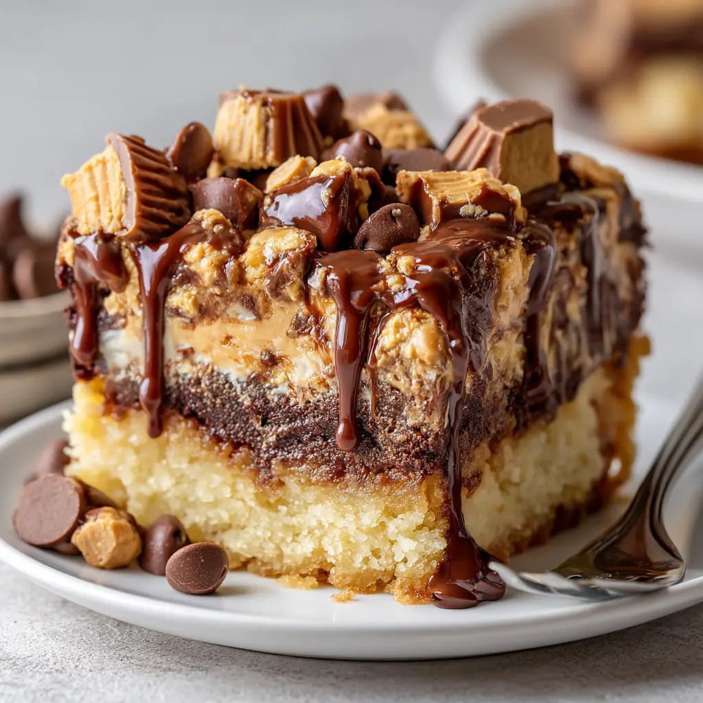 Peanut Butter Cup Dump Cake: The Easiest, Most Decadent Dessert 1 The full 9x13 baking dish of the finished Reese's dump cake, fresh out of the oven with a golden, bubbly topping.
