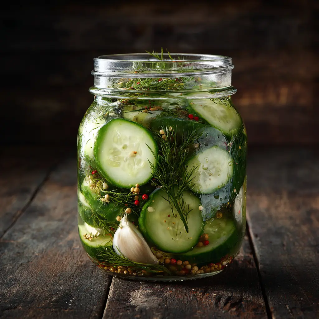 Refrigerator Pickles: The Easiest, Crispiest Recipe 1 A finished jar of homemade refrigerator pickles, showing the clear brine and vibrant green cucumbers ready for chilling.