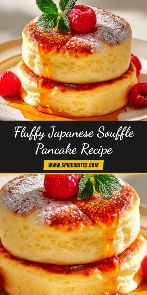 A perfect stack of two thick, fluffy Japanese pancakes, dusted with powdered sugar and topped with fresh berries, showcasing their incredible height and golden-brown color.