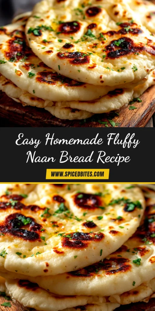 A stack of soft, fluffy homemade naan from a foolproof naan bread recipe, brushed with butter and garnished with fresh cilantro.