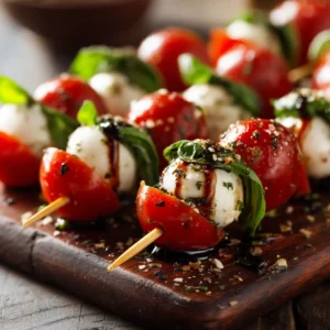 Caprese Skewers: The Ultimate Easy & Elegant Appetizer 4 A close-up view of Caprese Skewers highlighting the fresh ingredients: vibrant red cherry tomatoes, creamy mozzarella balls, and bright green basil leaves.