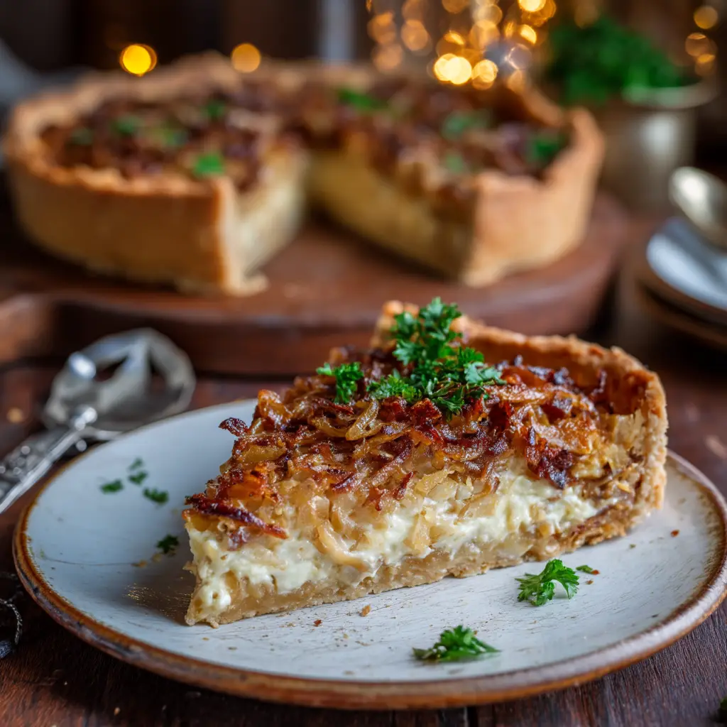 German Onion Pie Recipe (Authentic Zwiebelkuchen) 1 The full German Onion Pie presented in a rustic setting, ready to be served. The golden crust and creamy topping are clearly visible.
