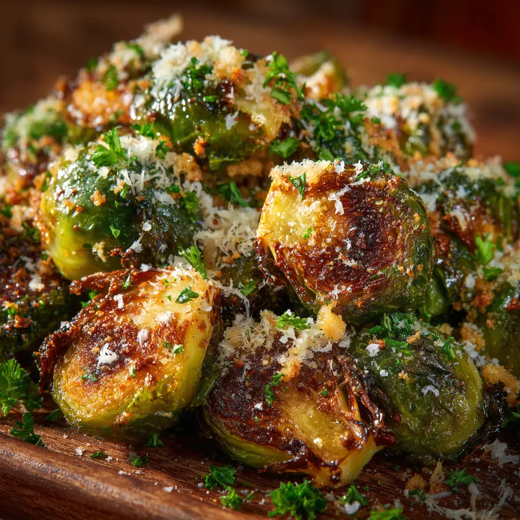Crispy Parmesan Brussels Sprouts: The Ultimate Guide 1 A batch of freshly roasted garlic parmesan brussels sprouts on a baking sheet, showing their golden-brown color right out of the oven.