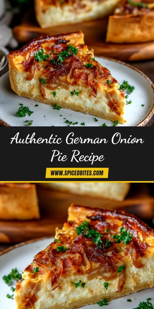German Onion Pie Recipe (Authentic Zwiebelkuchen) 4 An overhead shot of a delicious German Onion Pie Recipe (Zwiebelkuchen) with a slice cut out, showcasing the creamy onion and bacon filling. Perfect for Pinterest.