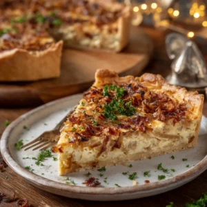 German Onion Pie Recipe (Authentic Zwiebelkuchen) 3 A close-up shot of a single slice of savory German onion tart on a plate, highlighting the rich and creamy Zwiebelkuchen filling.