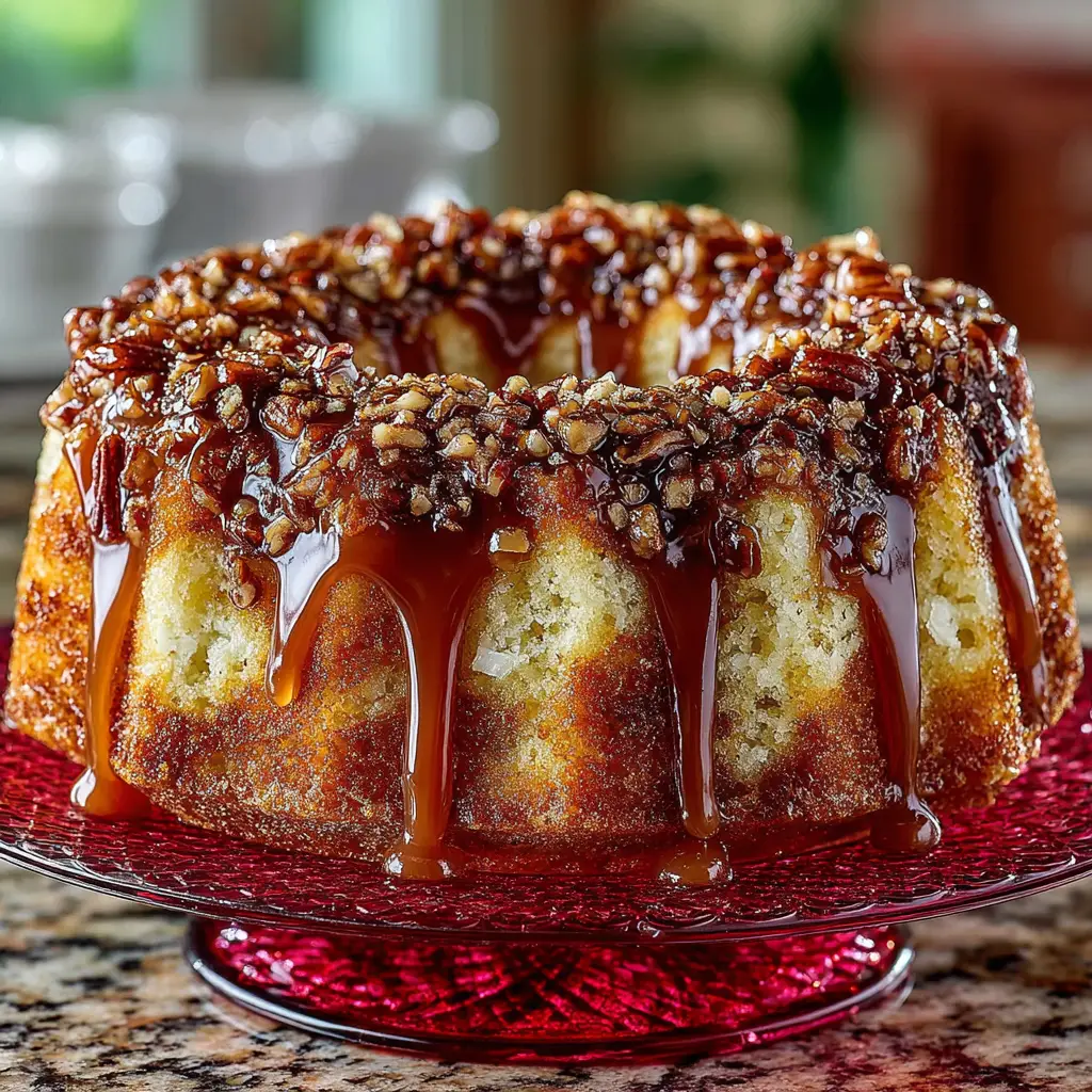 Pecan Zucchini Bundt Cake with Cream Cheese Glaze 1 The finished Pecan Zucchini Bundt Cake, generously drizzled with a thick, white cream cheese glaze and sprinkled with chopped pecans. The cake sits on a cake stand ready to be served.