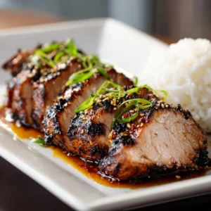 A close-up shot of a juicy grilled pork tenderloin with teriyaki marinade being brushed on top, highlighting the texture and char marks.