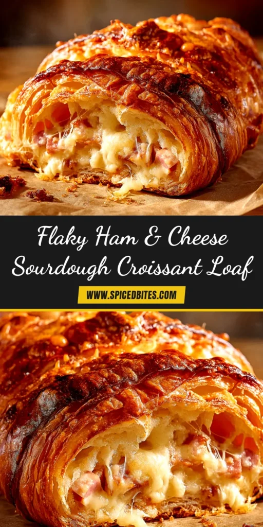Ham and Cheese Sourdough Croissant Loaf 3 A beautiful golden-brown Ham and Cheese Sourdough Croissant Loaf, with a slice cut to show the flaky layers and melted cheese inside.
