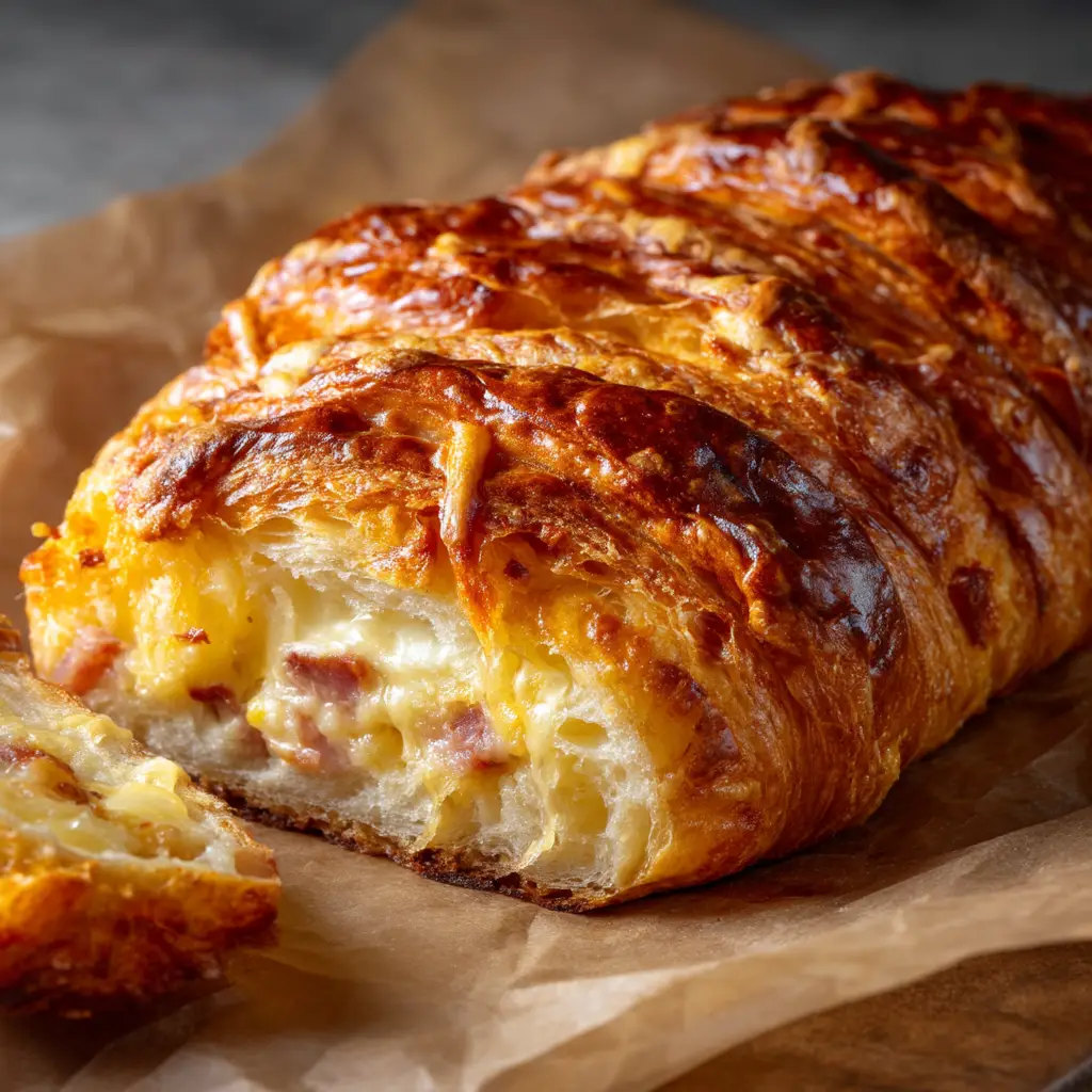 Ham and Cheese Sourdough Croissant Loaf 1 The process of assembling the Ham and Cheese Sourdough Croissant Loaf, showing the dough rolled out and layered with ham and cheese.