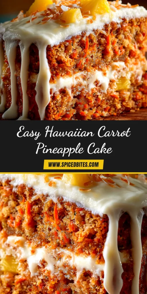 Hawaiian Carrot Pineapple Cake (The BEST Recipe!) 3 A beautiful Hawaiian Carrot Pineapple Cake on a cake stand, with one slice removed to show the moist crumb with carrots, pineapple, and coconut.