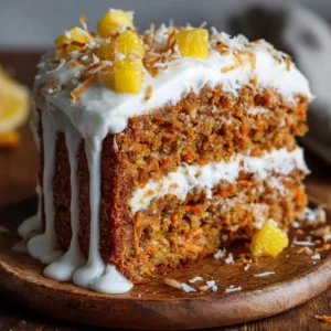 Hawaiian Carrot Pineapple Cake (The BEST Recipe!) 4 An extreme close-up of a slice of moist pineapple carrot cake, showing the tender crumb and layers of cream cheese frosting.