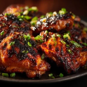 An extreme close-up shot of grilled Huli Huli chicken, showing the caramelized char and juicy texture of the Hawaiian grilled chicken.