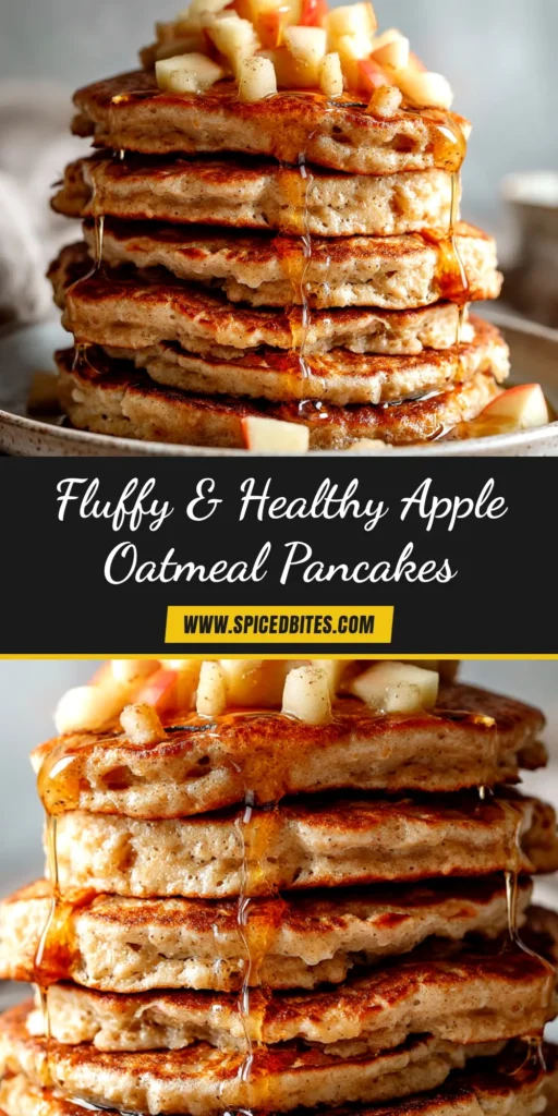 Healthy Oatmeal Apple Pancakes (Fluffy & Easy!) 3 A tall, perfect stack of healthy oatmeal apple pancakes on a white plate, drizzled with maple syrup and topped with fresh apple slices.