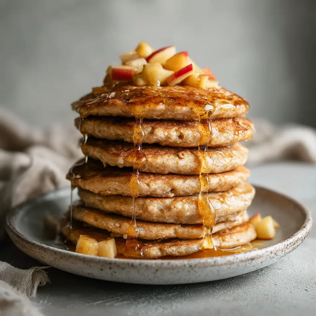 Healthy Oatmeal Apple Pancakes (Fluffy & Easy!) 1 A side view of healthy oatmeal apple pancakes, with a bite taken out to show the soft interior with bits of grated apple.