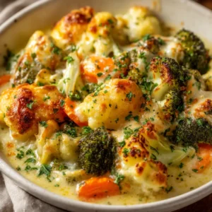 Vegetable Casserole: The Ultimate Creamy & Cheesy Bake 4 A close-up spoon scoop of healthy vegetable casserole, highlighting the creamy texture and mix of broccoli, carrots, and cauliflower.