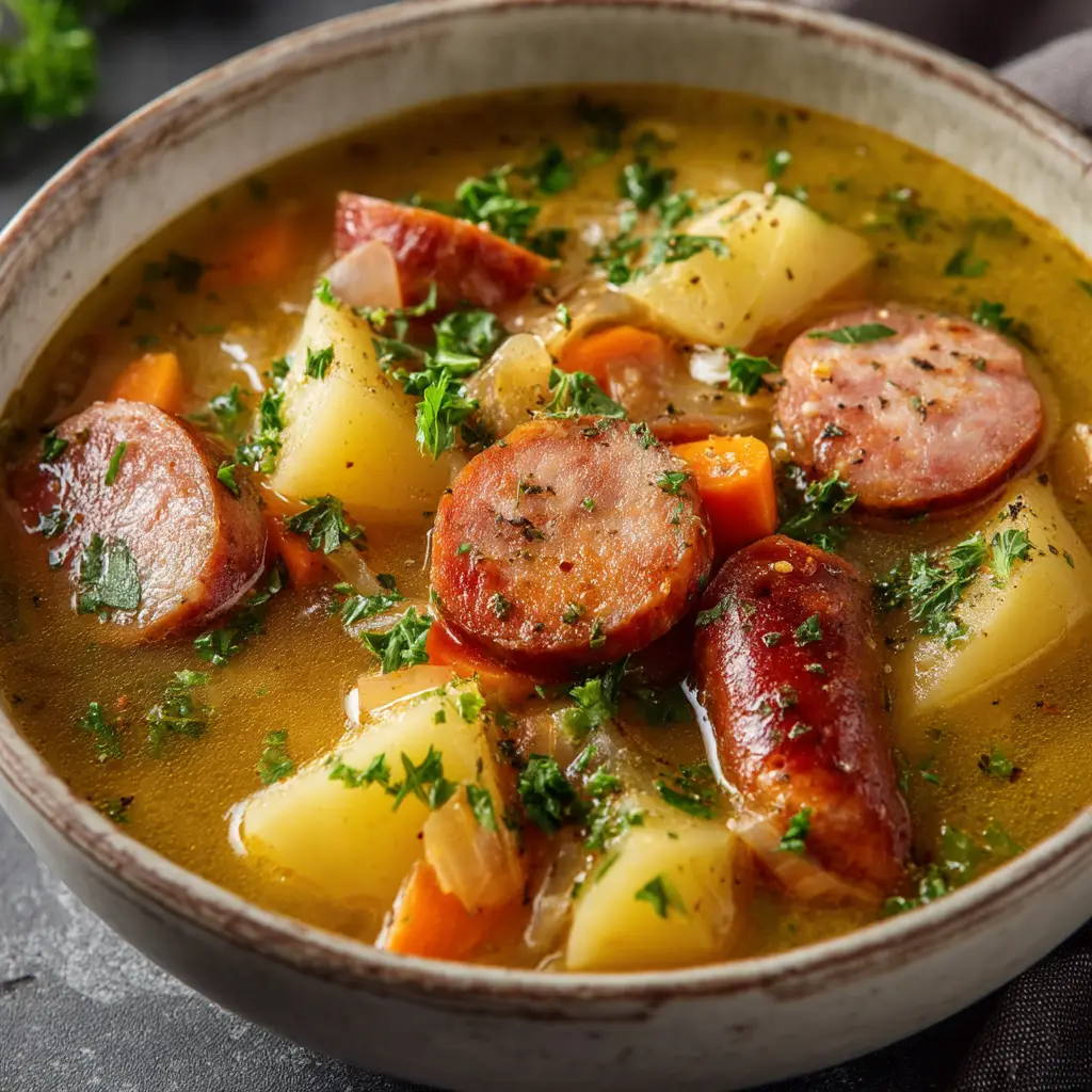 Kielbasa Potato Soup (The Ultimate Creamy Recipe) 1 A spoonful of hearty kielbasa soup being lifted from a bowl, showing the creamy texture and chunks of potato and sausage.