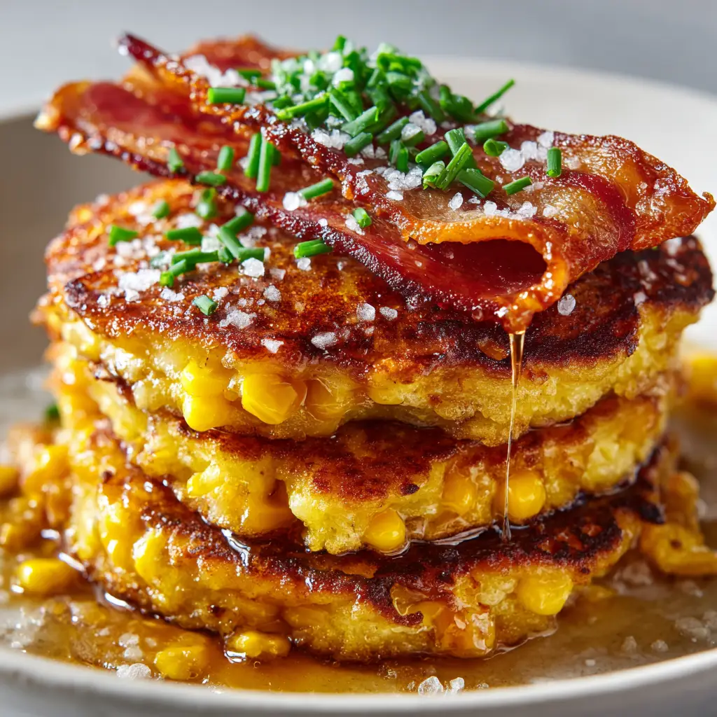 A plated serving of homemade griddle cakes with bacon and corn, shown next to a small bowl of maple syrup and fresh chives, ready to be served for brunch.