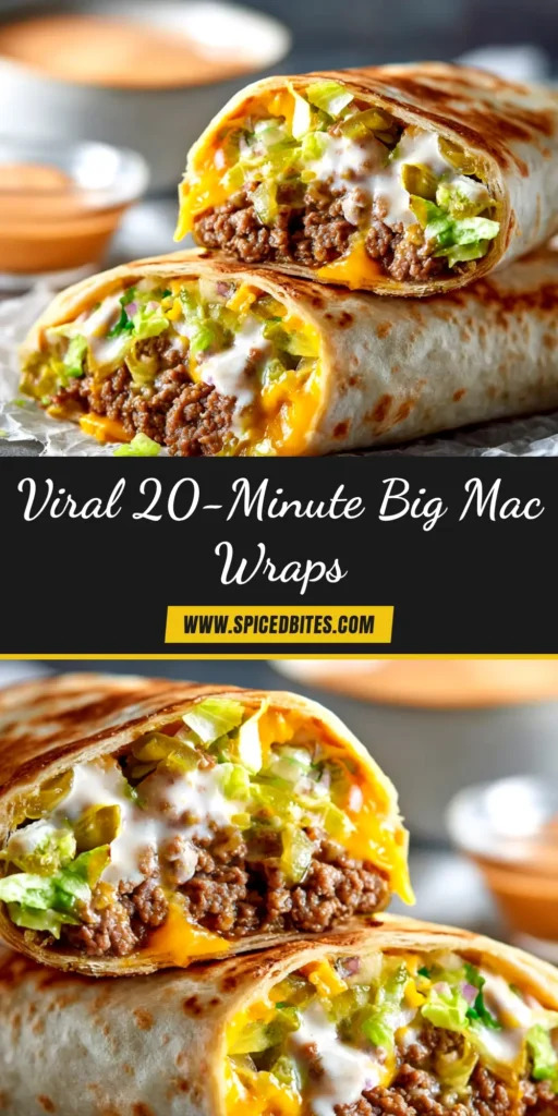 Big Mac Wraps (The Ultimate Copycat Recipe) 4 A close-up shot of two Big Mac Wraps sliced in half, revealing layers of ground beef, lettuce, cheese, and special sauce inside a golden-brown toasted tortilla.