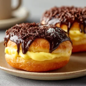 Two perfect homemade Boston Cream Donuts sitting side-by-side on a light surface. The focus is on the rich chocolate glaze and the soft, golden-brown donut, illustrating the delicious outcome of this from-scratch donut recipe.