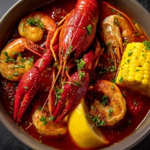 An extreme close-up overhead shot of a homemade Cajun butter sauce for a seafood boil, showing the rich texture and spices.