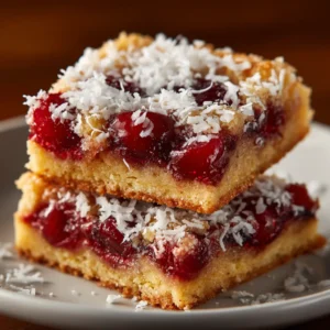 Old Fashioned Cherry Bars (The BEST Classic Recipe) 4 Two homemade cherry squares stacked on a rustic wooden board, showing the thick layer of cherry pie filling between the shortbread crust and topping.