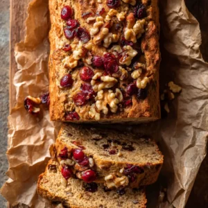 Cranberry Walnut Bread (The Best, Easiest Recipe) 4 An overhead shot of a rustic loaf of homemade cranberry nut bread, highlighting the cranberries baked into the golden crust.